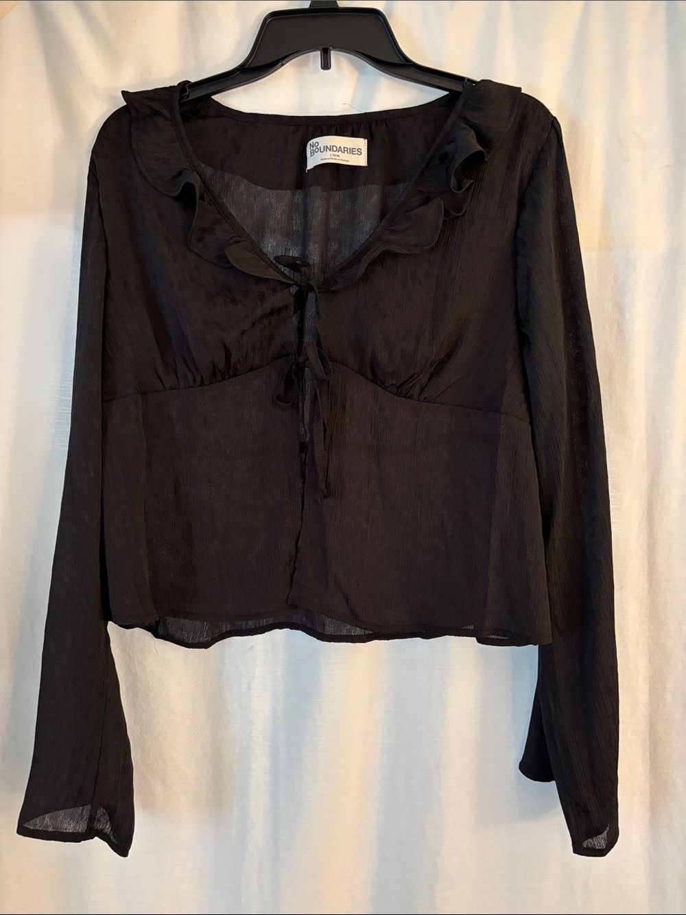 No Boundaries Black Ruffle Tie-Front Long-Sleeve Blouse